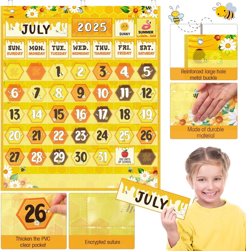 Sinload Classroom Calendar Pocket Chart Set Calendar Bulletin Board Set Seasons Festival Weather Pocket Chart for Classroom Decoration Back to School Supplies (Bee) - Image 4